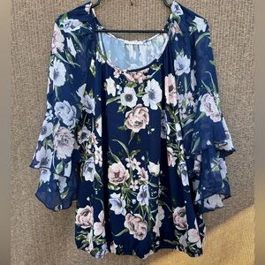 PerSeption Concept Floral Wide Bell Sleeve Blouse print bell sleeve tunic XL